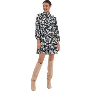 Donna Morgan Black Floral Mock Neck Mini Dress Size 6 Smocked Waist Long Sleeve